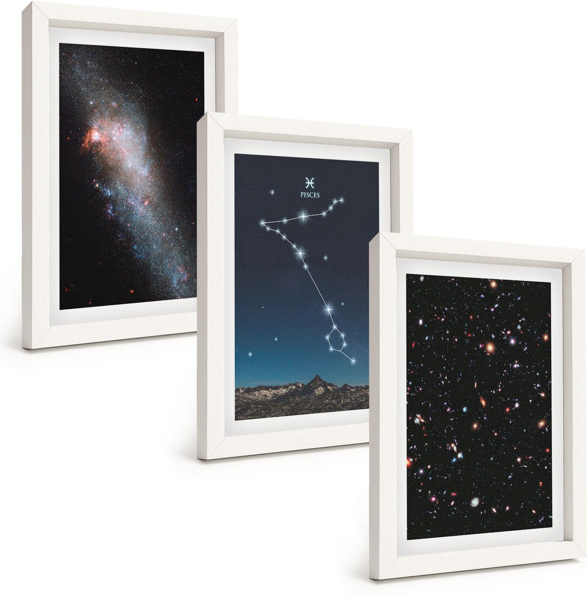 Tulup 3-Delige Schilderij Set - Ruimtelandschappen met het sterrenbeeld Vissen en sterrenstelsels - 20x30 - Moderne Wanddecoratie - Woonkamer - Muurdecoratie
