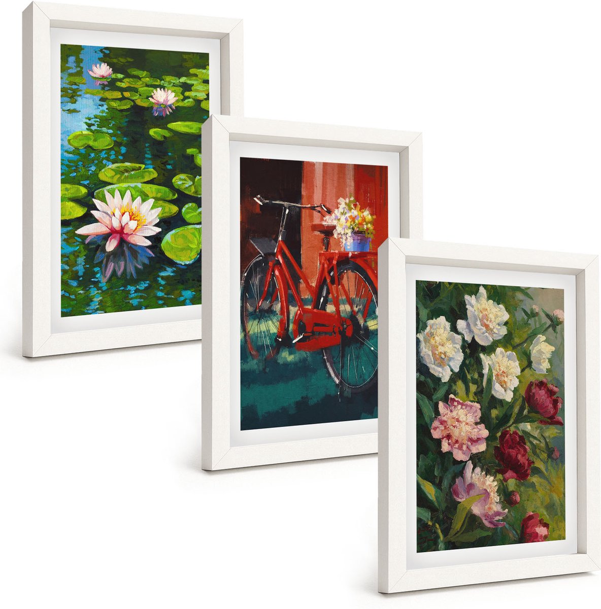 Tulup 3-Delige Schilderij Set - Lelies op de waterfiets in de tuin, kleurrijke bloemen - 20x30 - Moderne Wanddecoratie - Slaapkamer - Muurdecoratie