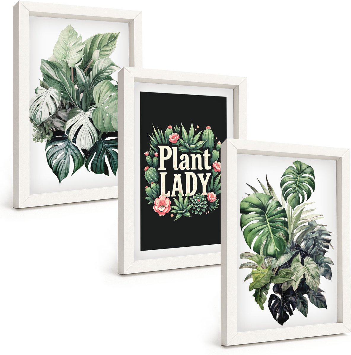 Tulup 3-Delige Schilderij Set - Tropische planten met het opschrift 'Plant Lady' in het groen. - 20x30 - Muurdecoratie - Wanddecoratie - Hal - Woonkamer Decoratie
