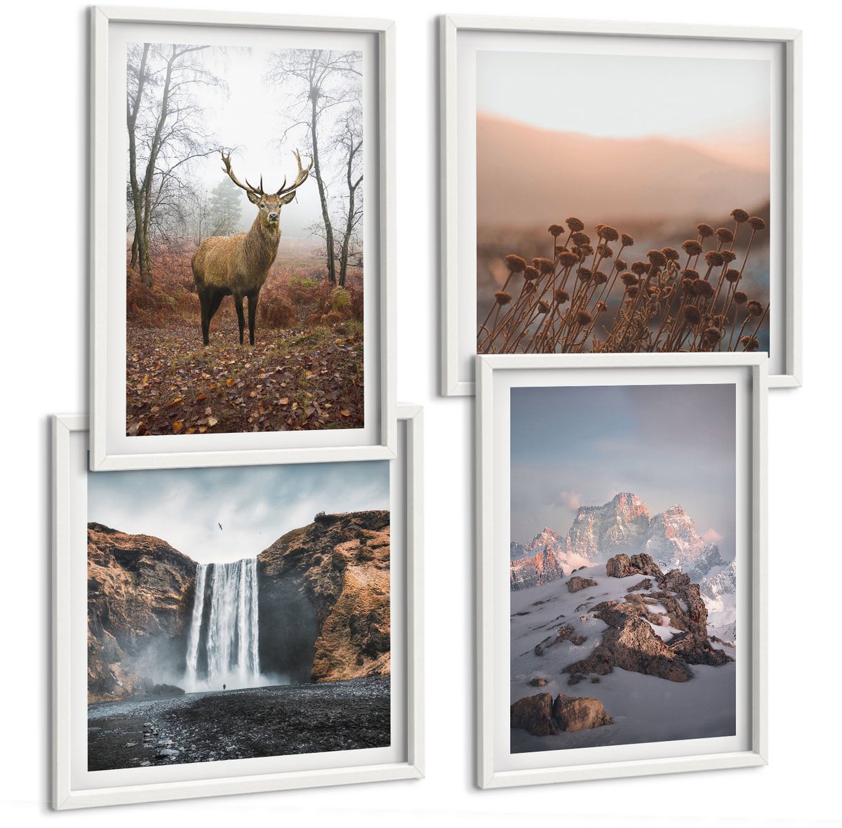 Tulup 4-Delige Schilderij Set - Natuurlijke, ongerepte landschappen, bergen, herten en watervallen. - 40x40 en 40x60 - Wanddecoratie - Muurdecoratie - Woonkamer - Moderne Wanddecoratie