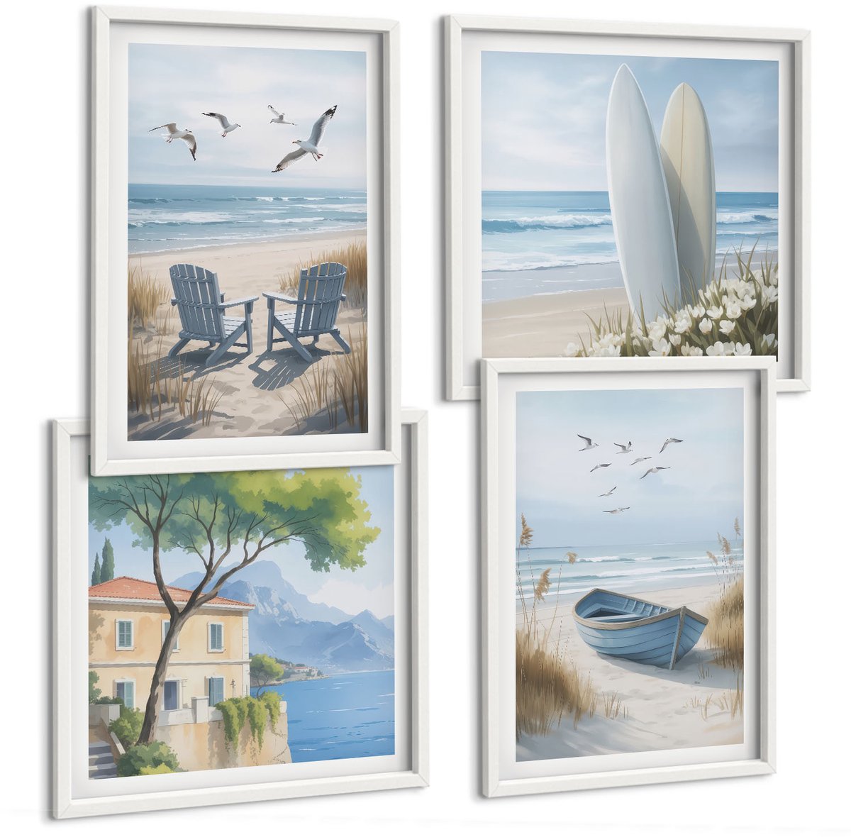 Tulup 4-Delige Schilderij Set - Strand met surfplanken, boten en vogels - 40x40 en 40x60 - Wanddecoratie - Schilderijen Set - Kantoor - Muurdecoratie
