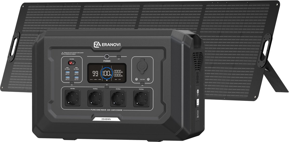 Eranovi Core 2500 - Powerstation met zonnepaneel - complete set 2048 Wh / 2500 W met Solar 240 zonnepaneel - uitbreidbare accu - draagbaar noodstroom station - AC, USB-C, USB-A en auto - in 2 uur opgeladen - app - 3 jaar garantie