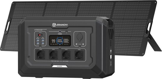Eranovi Core 2500 - Powerstation met zonnepaneel - complete set 2048 Wh / 2500 W met Solar 240 zonnepaneel - uitbreidbare accu - draagbaar noodstroom station - AC, USB-C, USB-A en auto - in 2 uur opgeladen - app - 3 jaar garantie