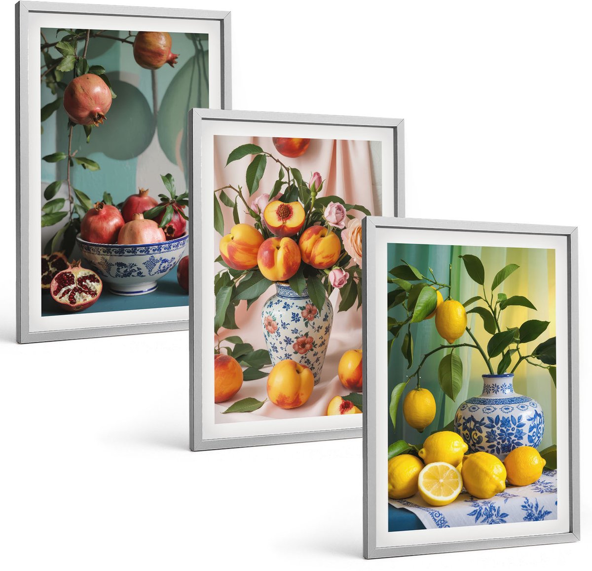 TULUP 4-Delige Schilderij Set - Granaatappels, perziken en citroenen in vazen - 40 x 60 cm - Schilderijen Set - Wanddecoratie - Woonkamer - Muurdecoratie Zilveren lijst