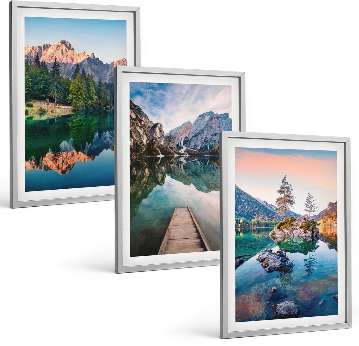 TULUP 4-Delige Schilderij Set - Bergmeren met weerspiegelingen in het water en het bos. - 40 x 60 cm - Stijlvolle Wanddecoratie - Interieur - Stijlvolle Muurdecoratie Zilveren lijst