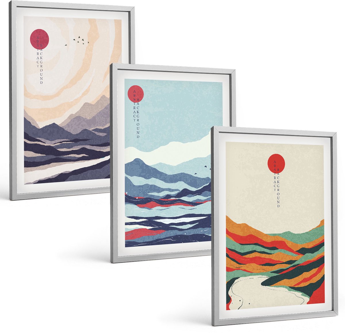 TULUP 4-Delige Schilderij Set - Japanse abstracte berglandschappen - 40 x 60 cm - Wanddecoratie - Schilderijen Set - Kantoor - Moderne Wanddecoratie Zilveren lijst
