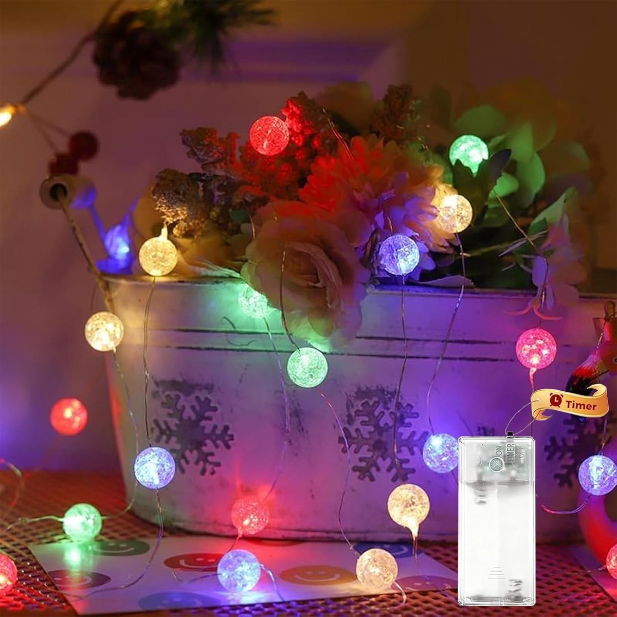 Lichtketting met Kristallen Bollen - Kleurrijk - 2 m - Op Batterijen Werkt - Voor Feestdecoratie