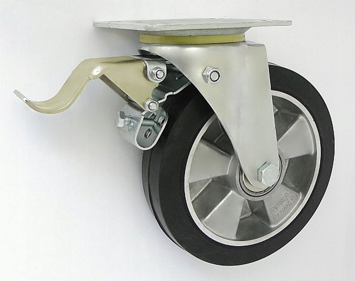 Zwenkwiel Aluminium-Rubber Ø200mm met Rem - 250kg Draagvermogen