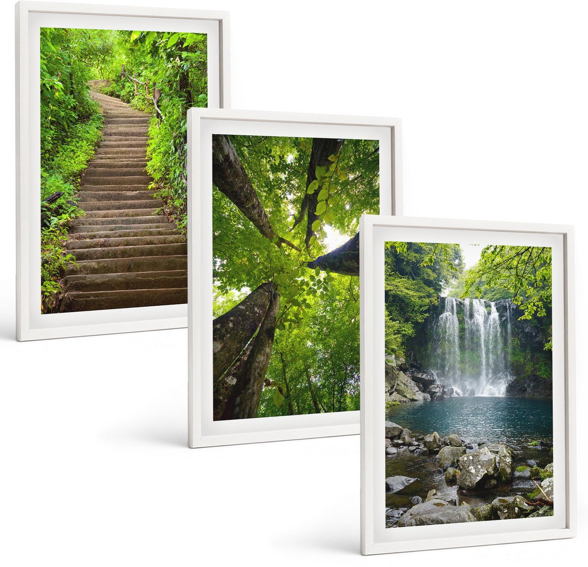 Tulup 3-Delige Schilderij Set - Bospad met waterval en groene vegetatie - 40x60 - Wanddecoratie - Moderne Interieurdecoratie