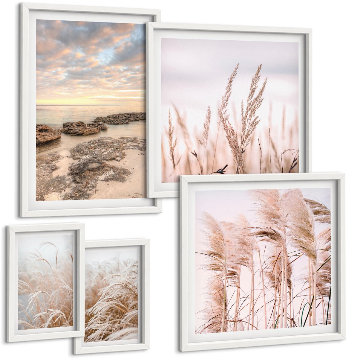 Tulup 4-Delige Schilderij Set - Kustlandschappen met vegetatie en zonsondergang - 50 x 50 cm, 20 x 30 cm en 40 x 60 cm - Schilderijen Set - Wanddecoratie - Woonkamer - Muurdecoratie