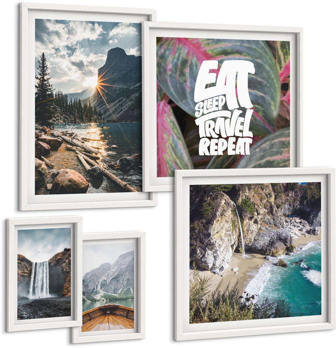 Tulup 4-Delige Schilderij Set - Natuurlandschappen met watervallen en uitzicht op de bergen - 50 x 50 cm, 20 x 30 cm en 40 x 60 cm - Wanddecoratie - Moderne Interieurdecoratie - Interieur Decoratie