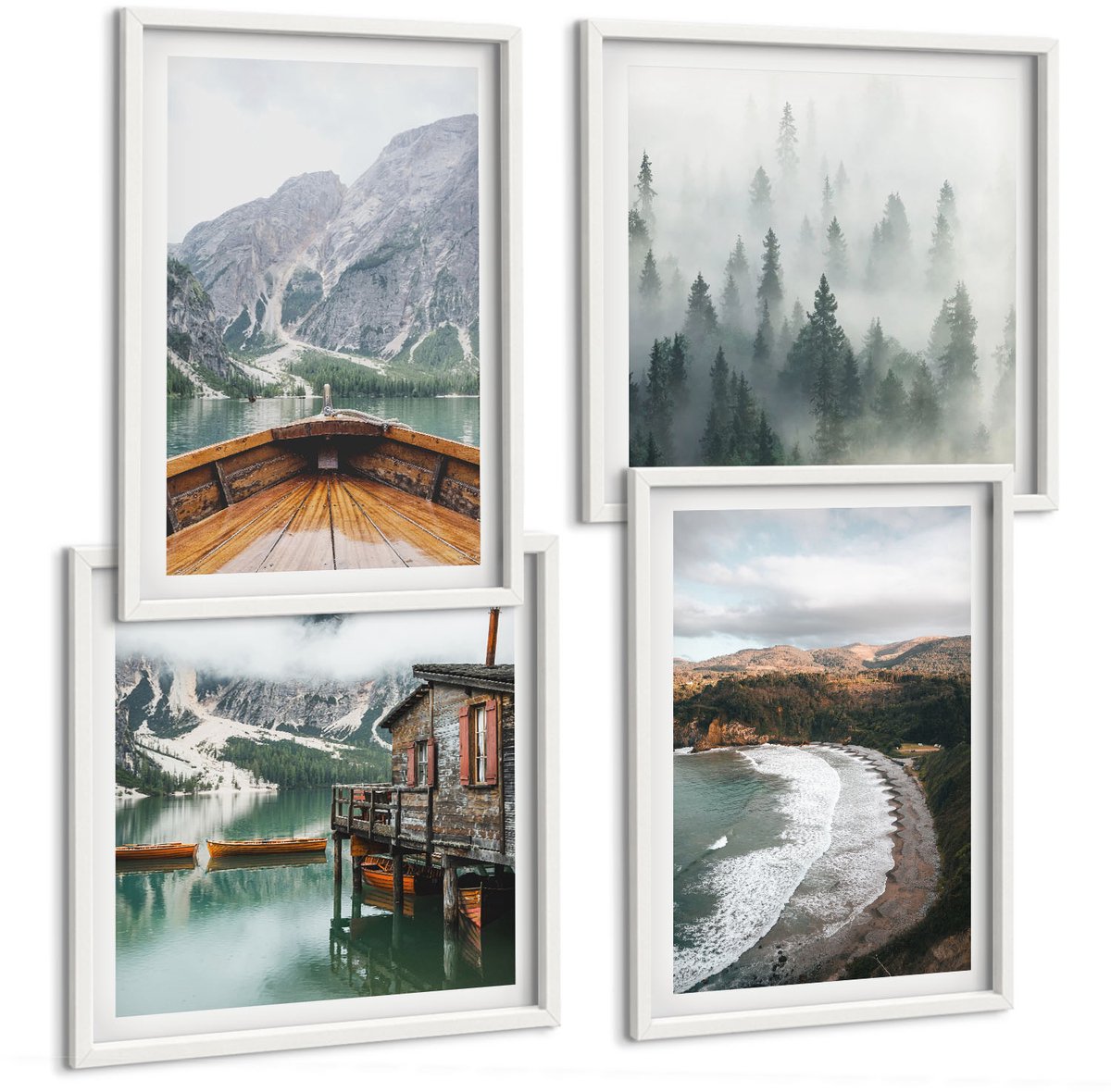 Tulup 4-Delige Schilderij Set - Uitzicht op de bergen over het meer met een boot, strand en mist in het bos. - 40x40 en 40x60 - Muurdecoratie - Wanddecoratie - Slaapkamer - Interieur Decoratie