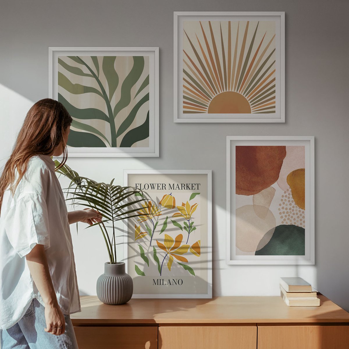 Tulup 4-Delige Schilderij Set - Bloemmotieven met abstracte vormen en bladeren - 40x40 en 40x60 - Muurdecoratie - Interieur Decoratie - Decoratieve Schilderijen