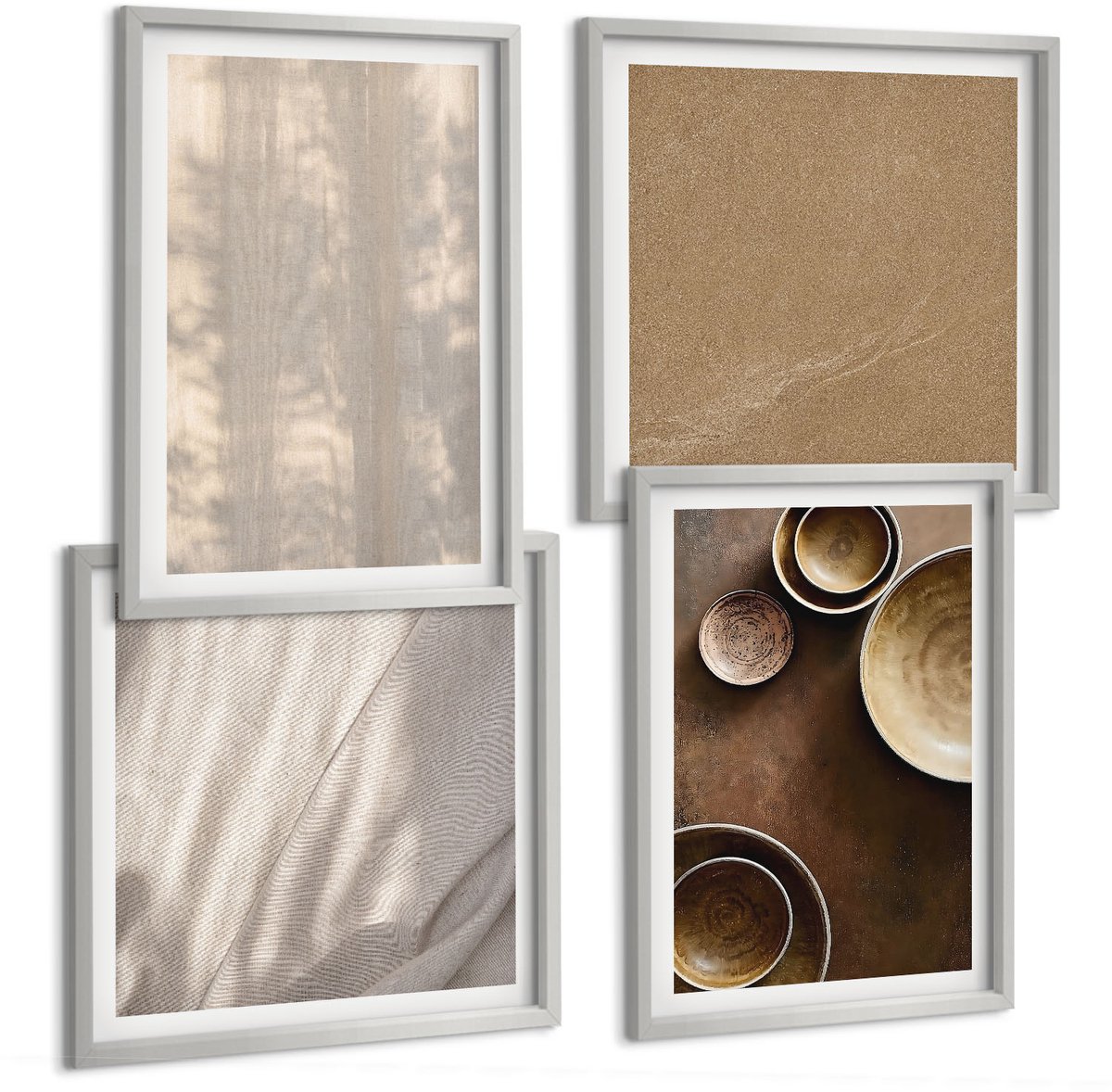 TULUP 4-Delige Schilderij Set - Structuren en texturen in een minimalistische stijl - 40 x 40 cm en 40 x 60 cm - Muurdecoratie - Wanddecoratie - Slaapkamer - Stijlvolle Muurdecoratie Zilveren lijst