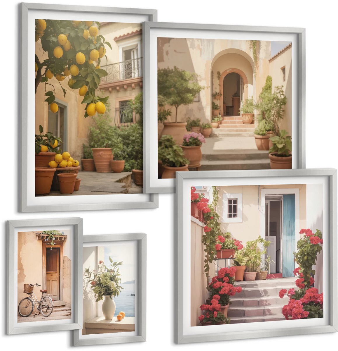 TULUP 4-Delige Schilderij Set - Sfeervolle straten met bloemen en citrusbomen in Provençaalse stijl. - 50 x 50 cm, 20 x 30 cm en 40 x 60 cm - Stijlvolle Muurdecoratie - Kantoor - Wanddecoratie Zilveren lijst