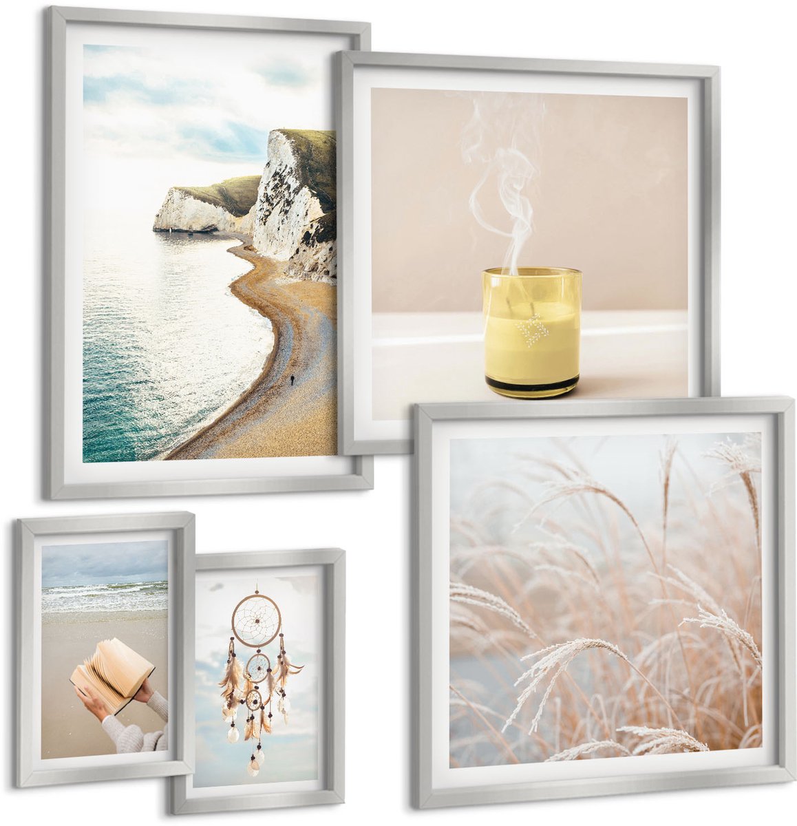 TULUP 4-Delige Schilderij Set - Ontspannende natuurthema's met boeken en dromen - 50 x 50 cm, 20 x 30 cm en 40 x 60 cm - Stijlvolle Muurdecoratie - Slaapkamer - Moderne Wanddecoratie Zilveren lijst