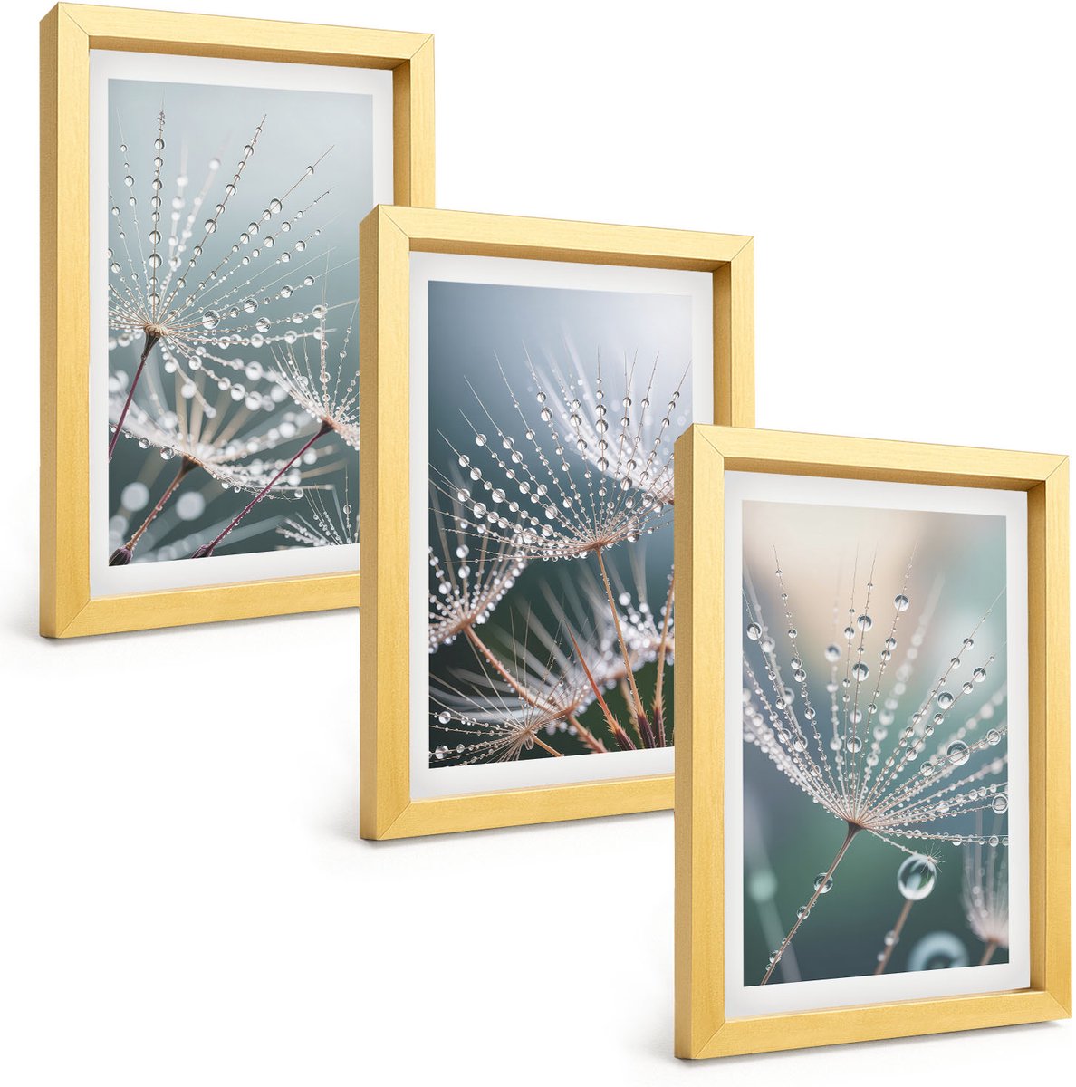 TULUP 4-Delige Schilderij Set - Waterdruppels op de tere scheuten van paardenbloemen - 20 x 30 cm - Stijlvolle Muurdecoratie - Slaapkamer - Moderne Wanddecoratie Gouden lijst