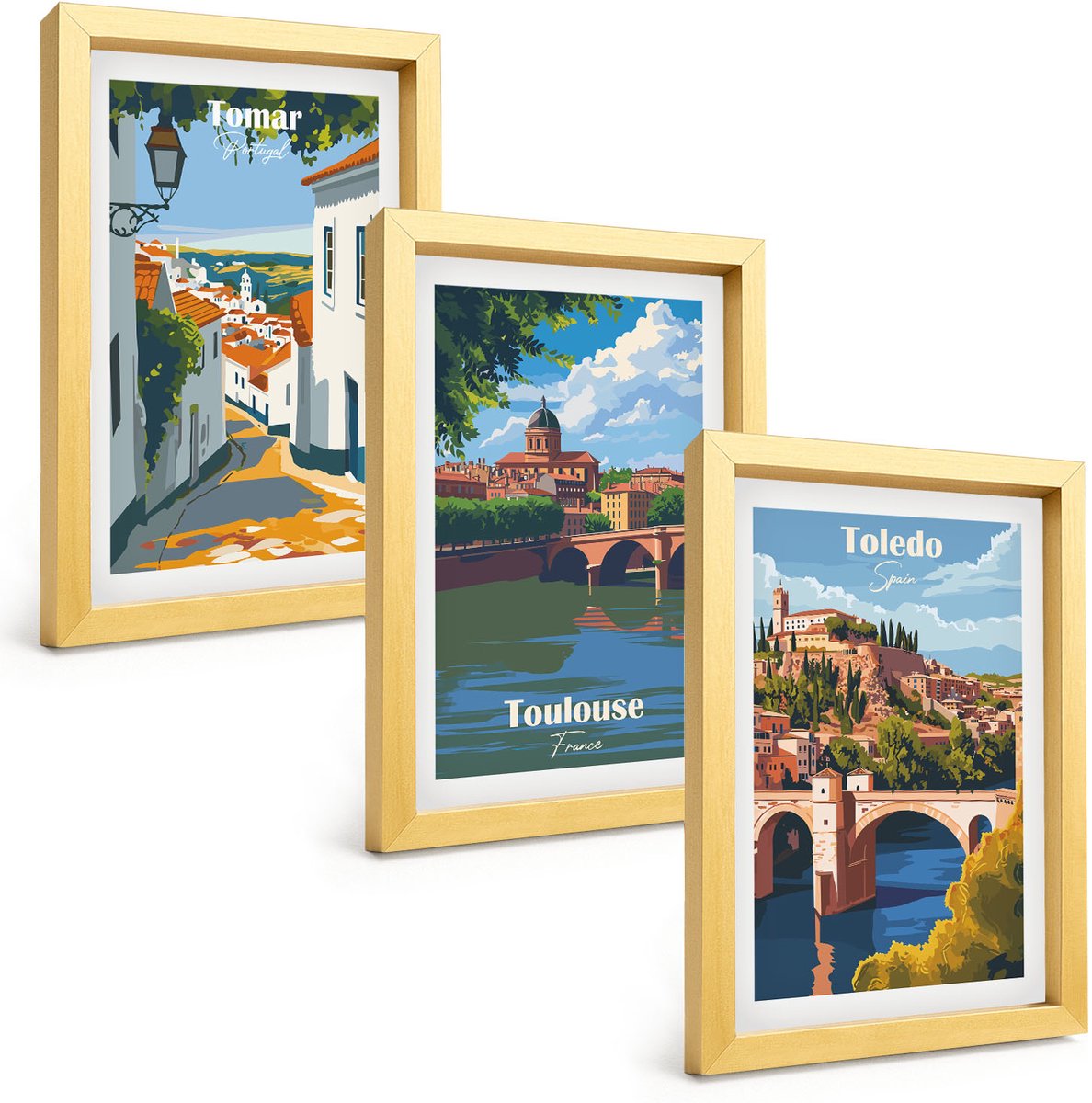 TULUP 4-Delige Schilderij Set - Grafische afbeeldingen van beroemde steden in retrostijl - 20 x 30 cm - Moderne Wanddecoratie - Slaapkamer - Muurdecoratie Gouden lijst