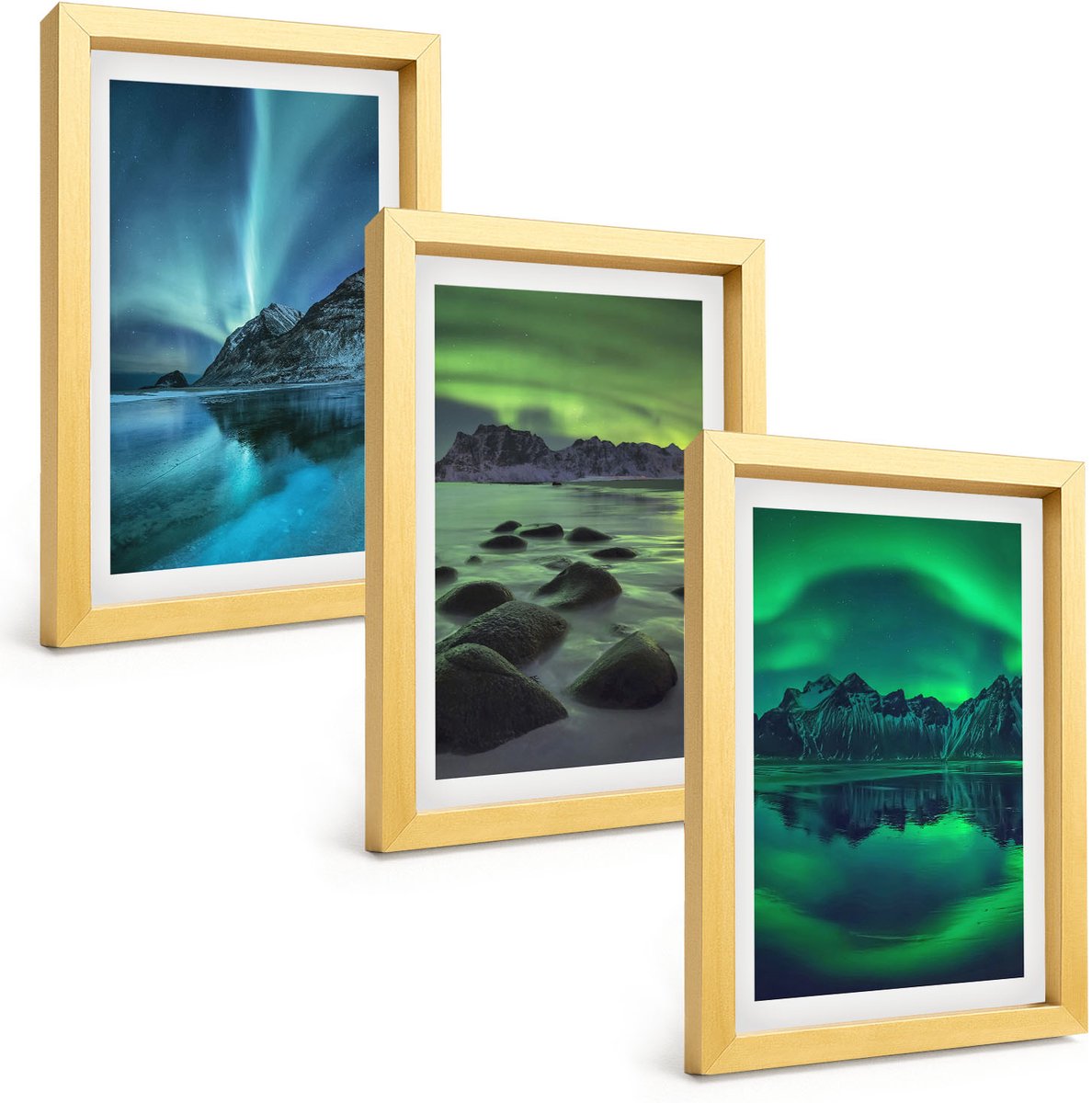 TULUP 4-Delige Schilderij Set - Winterlandschap met noorderlicht en bergen - 20 x 30 cm - Moderne Wanddecoratie - Woonkamer - Woonkamer Decoratie Gouden lijst