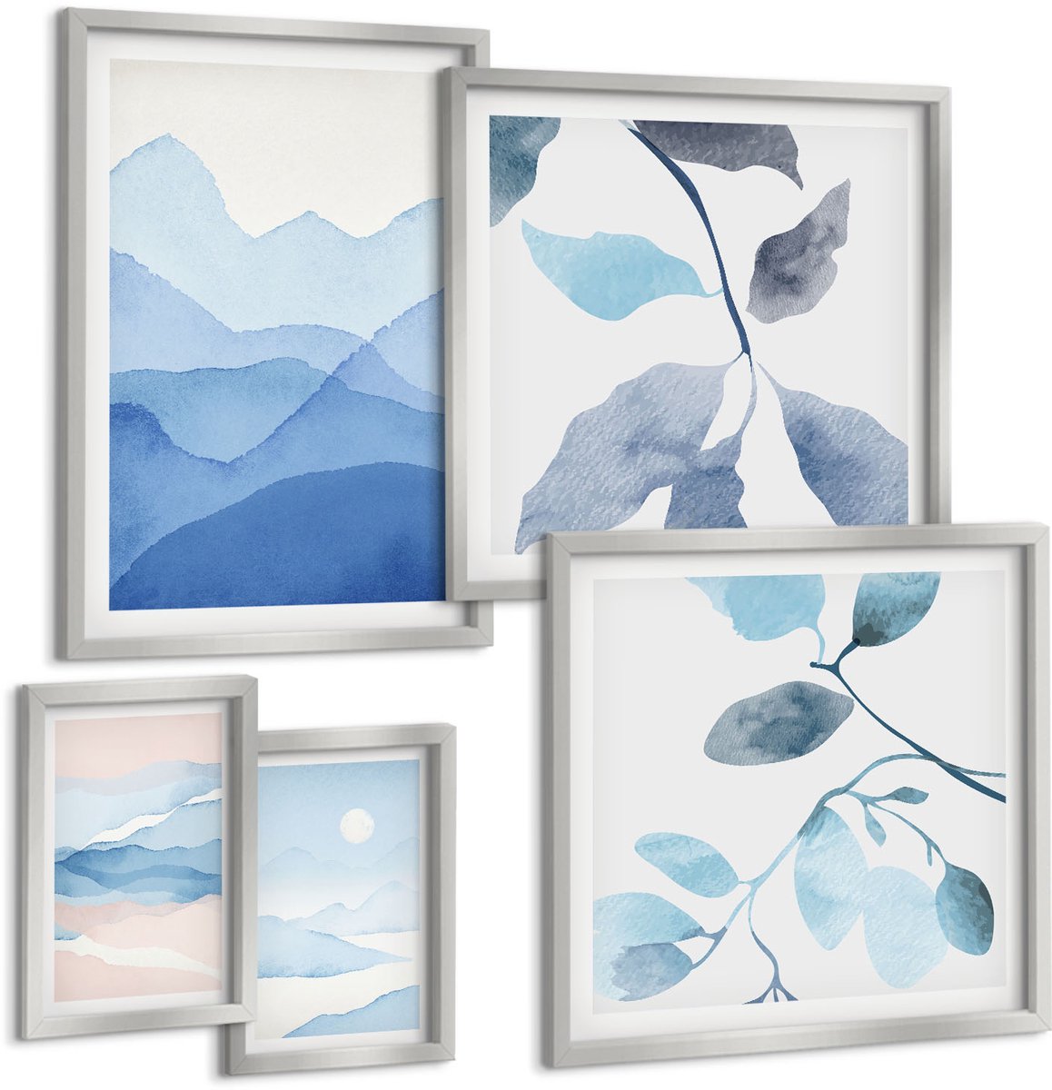 TULUP 4-Delige Schilderij Set - Natuur in blauwtinten: minimalistische landschappen en bladeren - 50 x 50 cm, 20 x 30 cm en 40 x 60 cm - Wanddecoratie - Muurdecoratie - Woonkamer - Stijlvolle Muurdecoratie Zilveren lijst