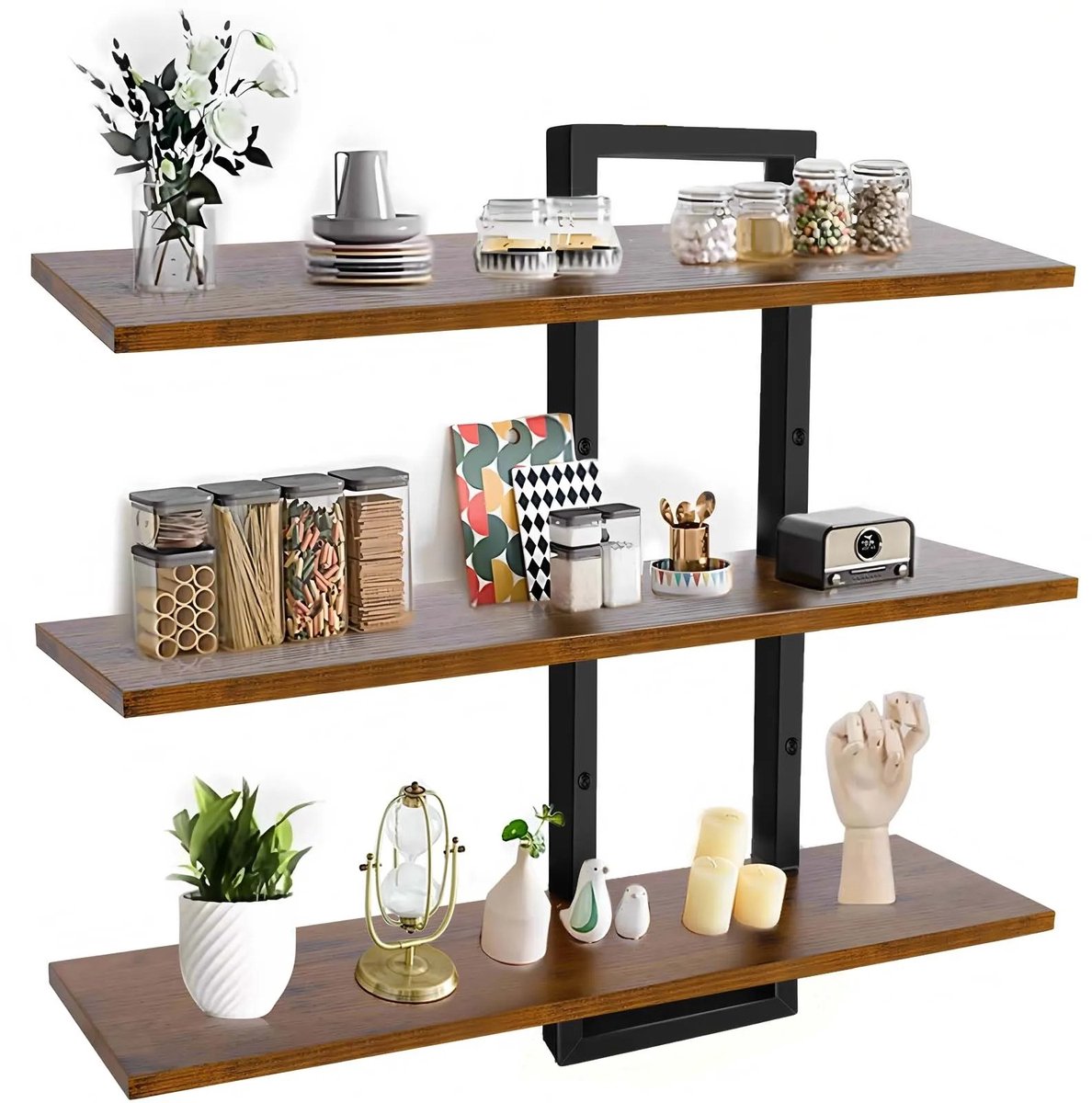 UrbanSelect Wandplank - Muurplank - 3-Laags - Belastbaar tot 18kg - Flexibele montage - Metalen Frame - 52.4 x 14.5 x 48.4 cm - Bruin