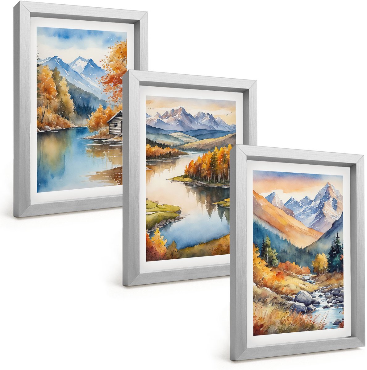 Tulup 4-Delige Schilderij Set - Uitzicht op de bergen met een rivier en herfstbomen. - 20 x 30 cm - Stijlvolle Muurdecoratie - Slaapkamer - Decoratieve Schilderijen