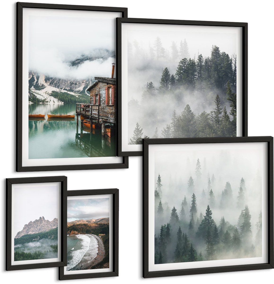 Tulup 4-Delige Schilderij Set - Berglandschappen met huisjes aan het water en in de bossen. - 50 x 50 cm, 20 x 30 cm en 40 x 60 cm - Stijlvolle Muurdecoratie - Slaapkamer - Interieur Decoratie
