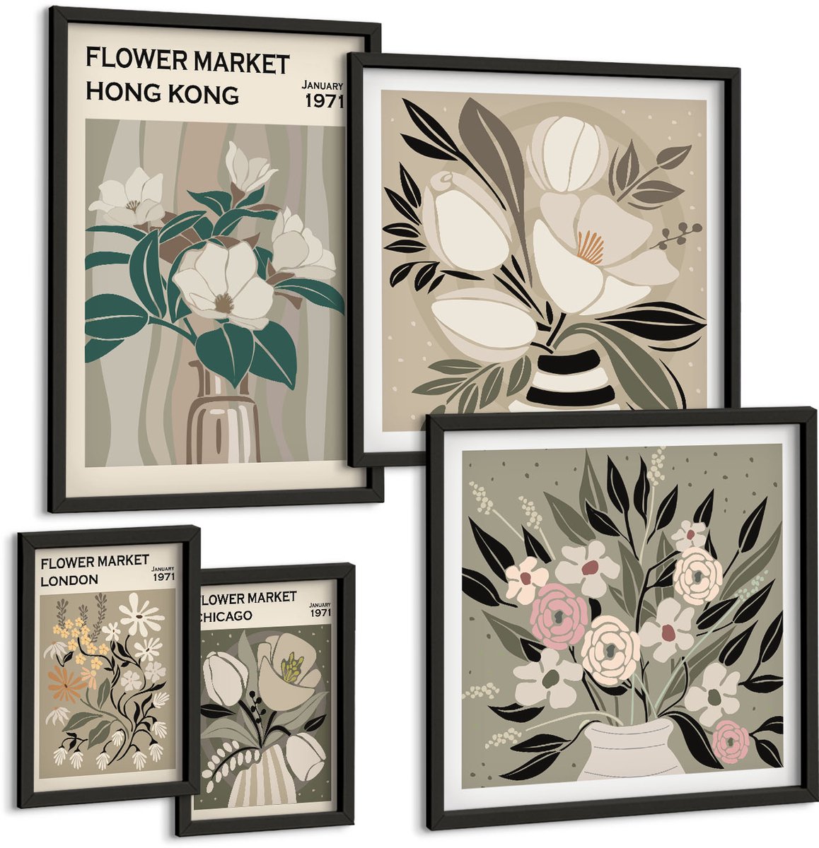 Tulup 4-Delige Schilderij Set - Bloemenbeurzen uit verschillende steden in retro- en vintagestijl. - 50 x 50 cm, 20 x 30 cm en 40 x 60 cm - Decoratieve Schilderijen - Woonkamer - Interieur - Woonkamer Decoratie