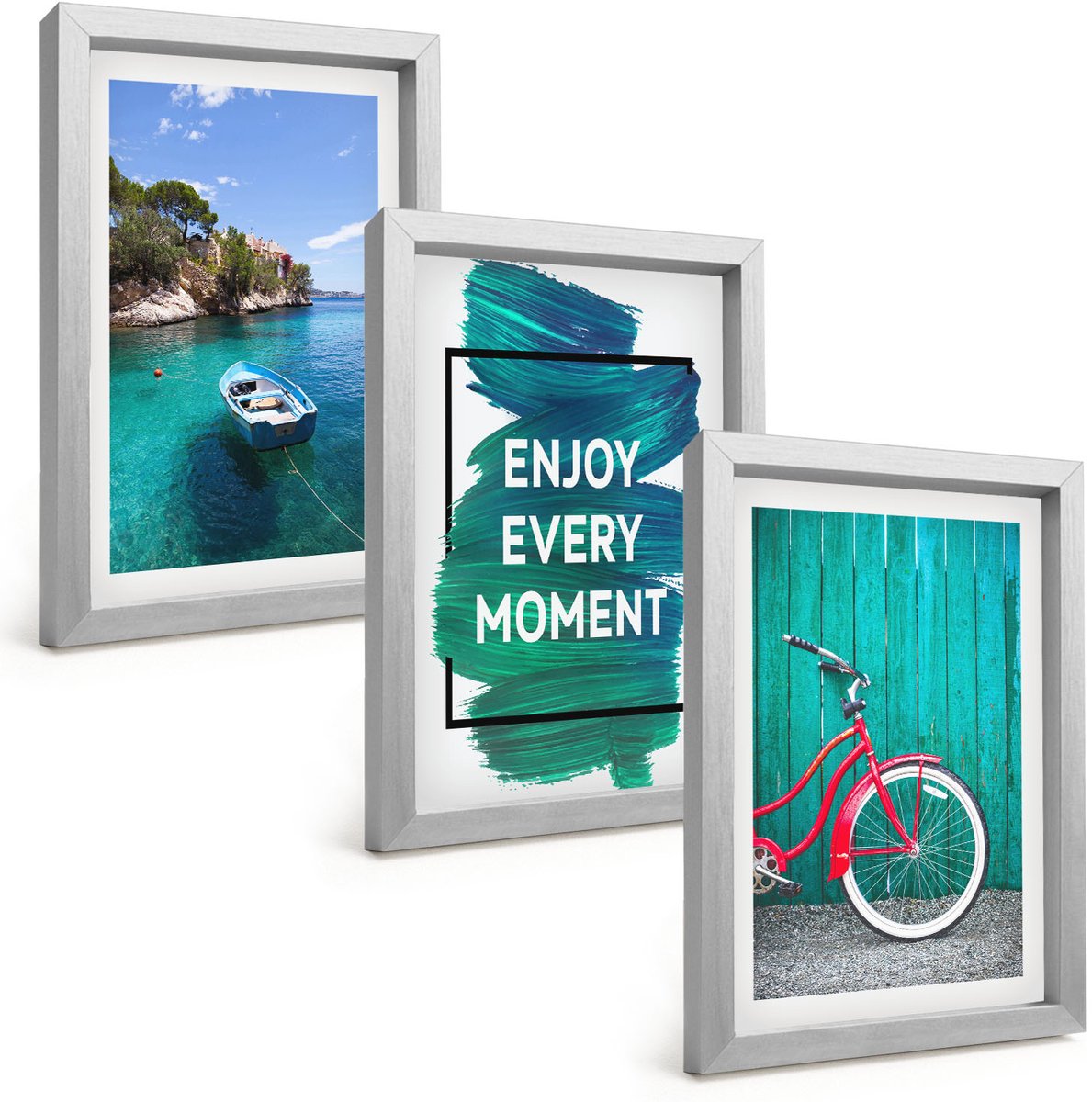 Tulup 4-Delige Schilderij Set - Zeezicht met boot en fiets, inspirerende belettering - 20 x 30 cm - Muurdecoratie - Wanddecoratie - Hal - Interieur Decoratie