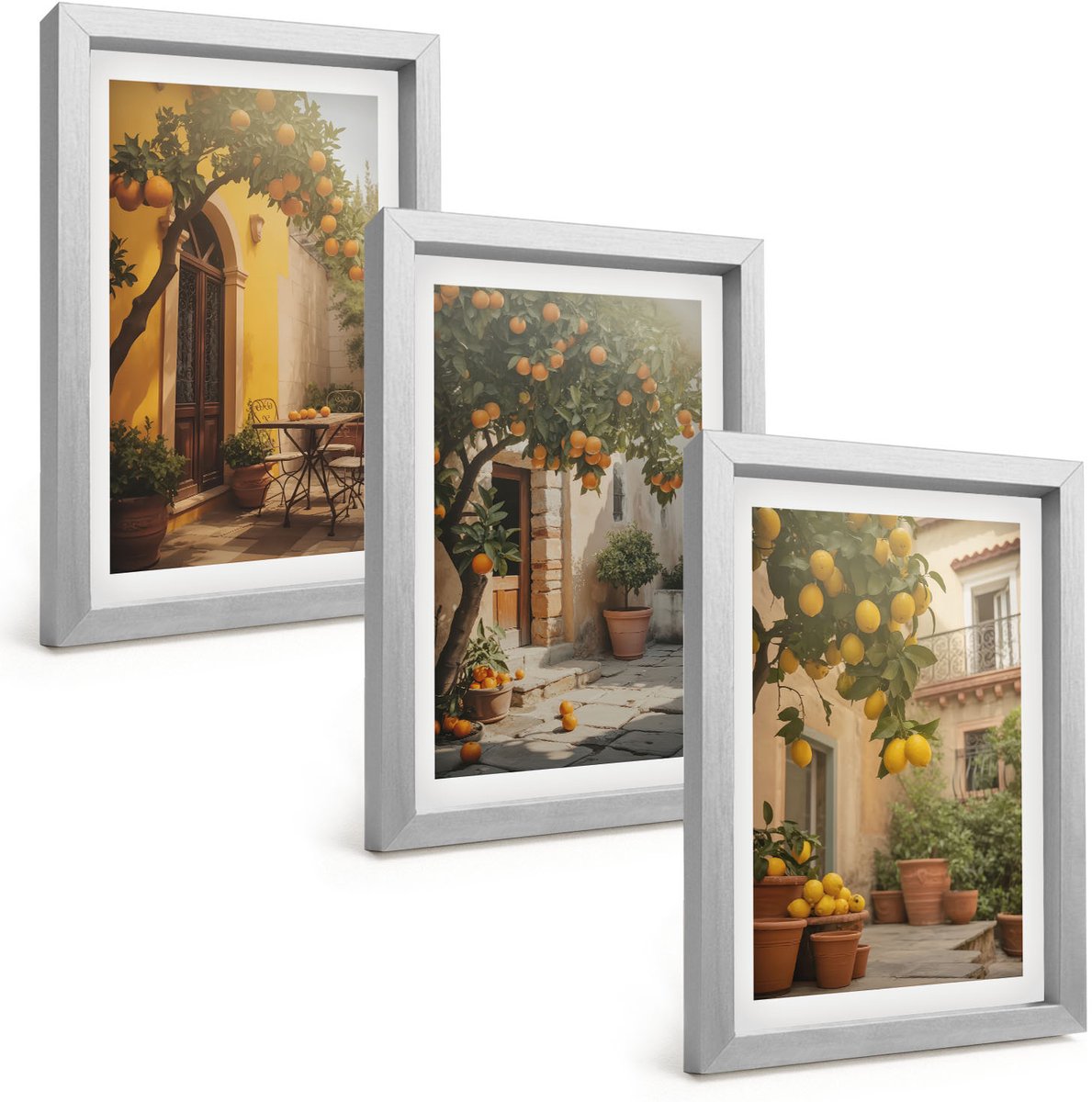Tulup 4-Delige Schilderij Set - Zonnig terras met citrusbomen en potten. - 20 x 30 cm - Wanddecoratie - Moderne Interieurdecoratie - Moderne Wanddecoratie