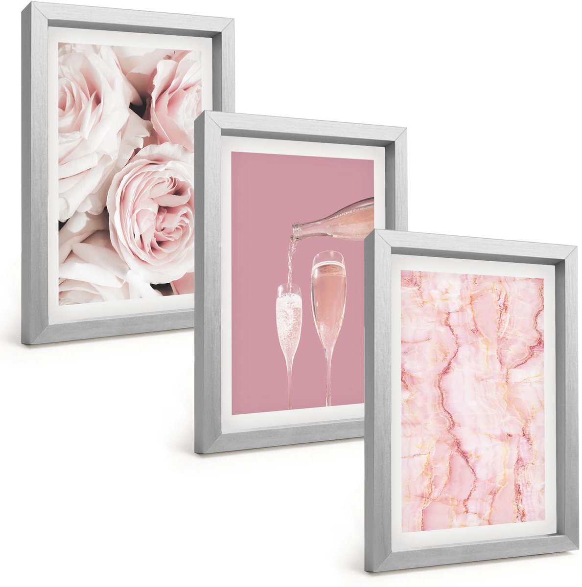 Tulup 4-Delige Schilderij Set - Champagnekleurige rozen en een pastelkleurige marmeren achtergrond - 20 x 30 cm - Muurdecoratie - Wanddecoratie - Slaapkamer