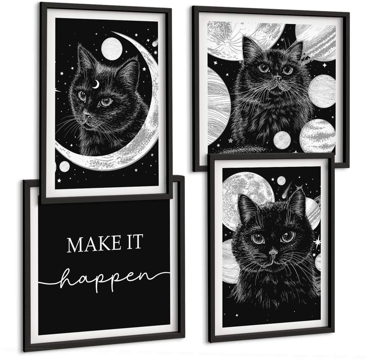 Tulup 4-Delige Schilderij Set - Zwarte katten tegen de achtergrond van de maan en planeten in de ruimte. - 40 x 40 cm en 40 x 60 cm - Schilderijen Set - Wanddecoratie - Woonkamer