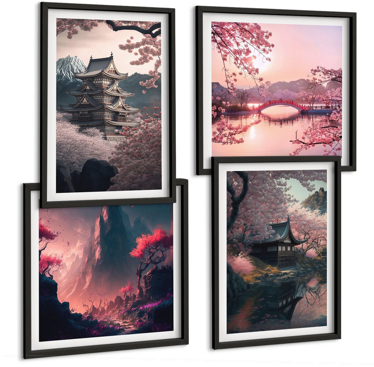 Tulup 4-Delige Schilderij Set - Fantasielandschappen van Japan Berglandschappen - 40 x 40 cm en 40 x 60 cm - Wanddecoratie - Schilderijen Set - Kantoor - Muurdecoratie