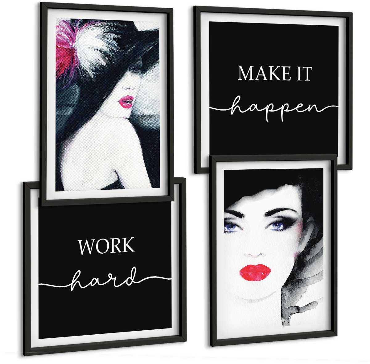 Tulup 4-Delige Schilderij Set - Geschilderde portretten van vrouwen met expressieve lippen - 40 x 40 cm en 40 x 60 cm - Wanddecoratie - Moderne Interieurdecoratie - Decoratieve Schilderijen