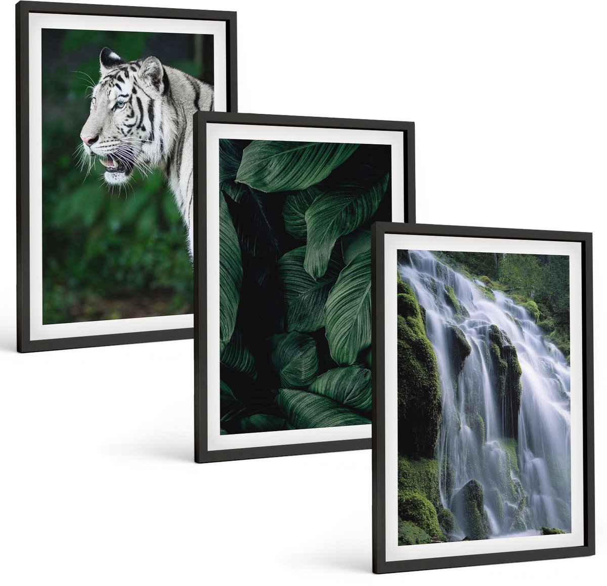Tulup 4-Delige Schilderij Set - Tijgerwitte bladeren en een waterval in een natuurlijke omgeving - 40 x 60 cm - Wanddecoratie - Woonkamer Decoratie