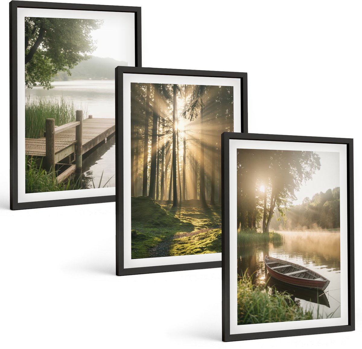 Tulup 4-Delige Schilderij Set - Rustig meer, bos en boot in de ochtendmist - 40 x 60 cm - Muurdecoratie - Wanddecoratie - Hal