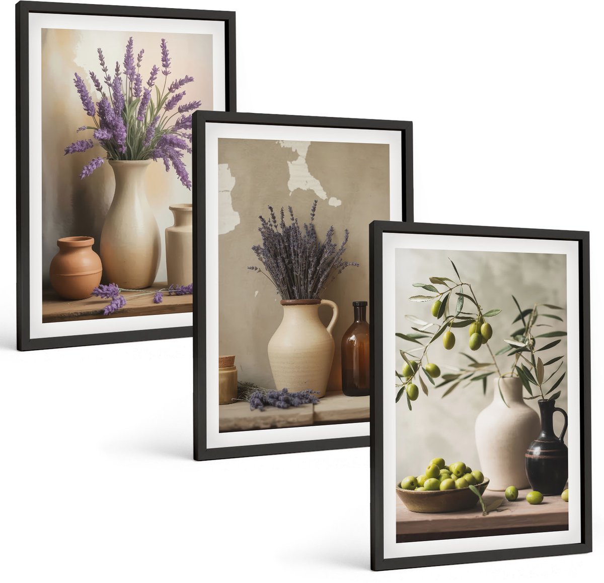 Tulup 4-Delige Schilderij Set - Bloemen in vazen, olijven en natuurlijke decoraties. - 40 x 60 cm - Stijlvolle Muurdecoratie - Slaapkamer - Moderne Wanddecoratie