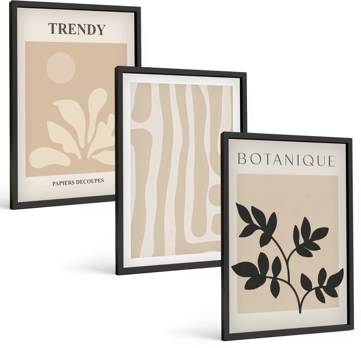 Tulup 4-Delige Schilderij Set - Stijlvolle plantenpatronen in beige en zwarte tinten. - 40 x 60 cm - Wanddecoratie - Muurdecoratie - Woonkamer - Decoratieve Schilderijen