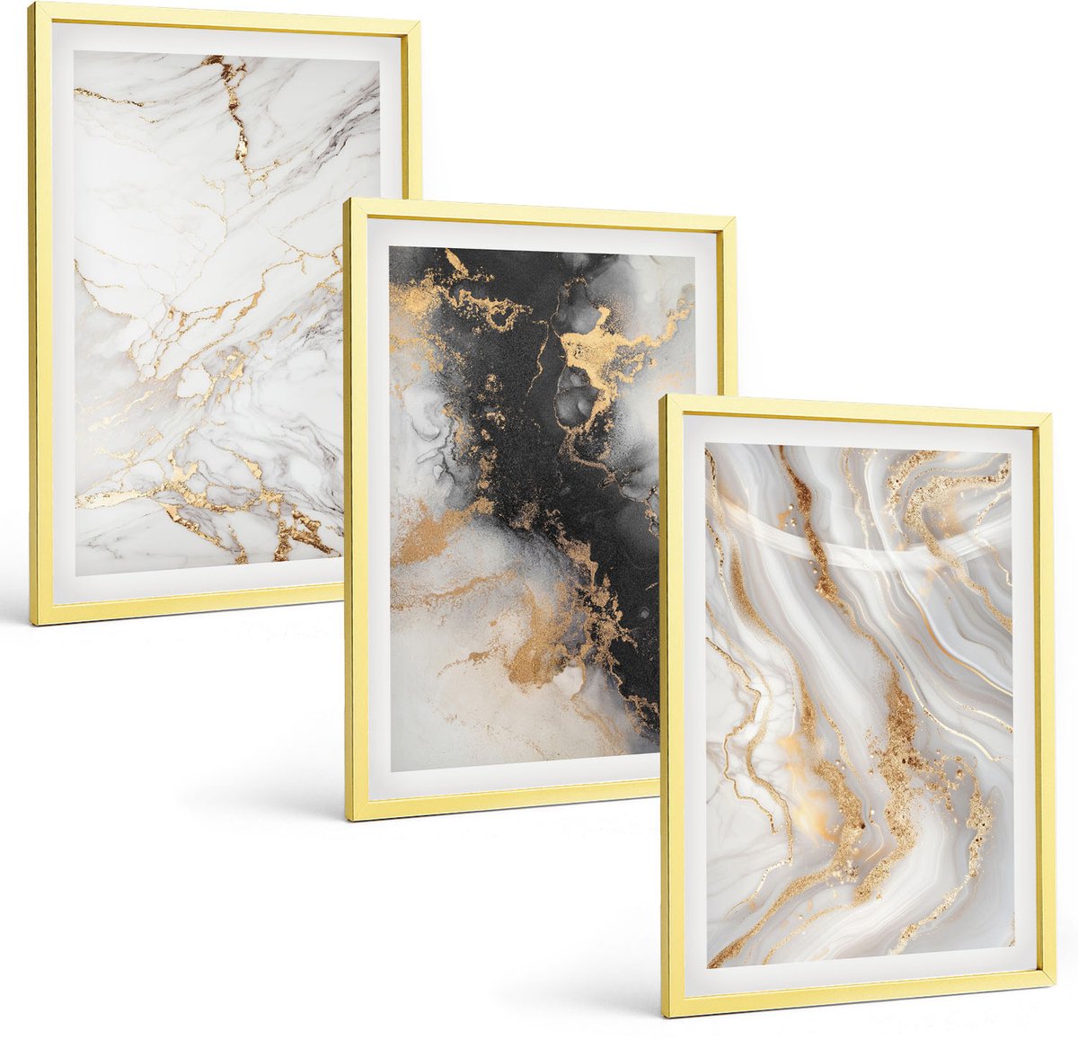 TULUP 4-Delige Schilderij Set - Abstracte patronen in zwart-wit tinten - 40 x 60 cm - Wanddecoratie - Schilderijen Set - Interieur Gouden lijst