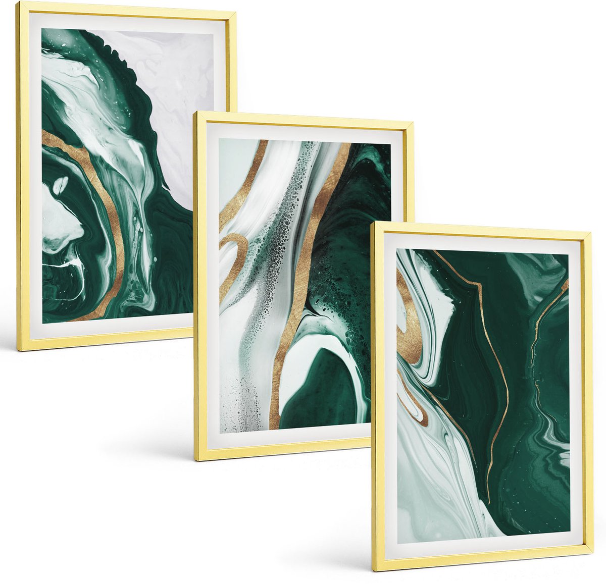 TULUP 4-Delige Schilderij Set - Abstracte verfpatronen in groen en wit - 40 x 60 cm - Moderne Wanddecoratie - Woonkamer - Decoratieve Schilderijen Gouden lijst