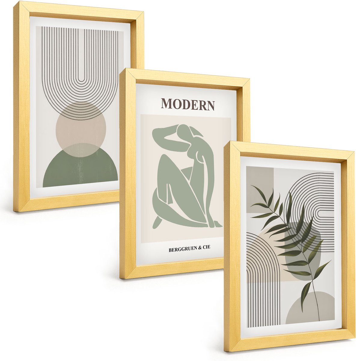 TULUP 4-Delige Schilderij Set - Stijlvolle afbeeldingen met abstracte vormen en planten. - 20 x 30 cm - Moderne Wanddecoratie - Woonkamer - Decoratieve Schilderijen Gouden lijst
