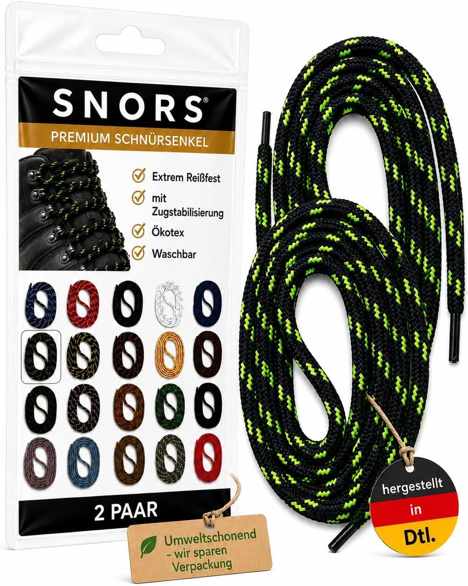 SNORS shoefriends Laces Round Safety Unisex-Adult Shoelaces (2-Pack), Black Neon Yellow. - ShopVlot