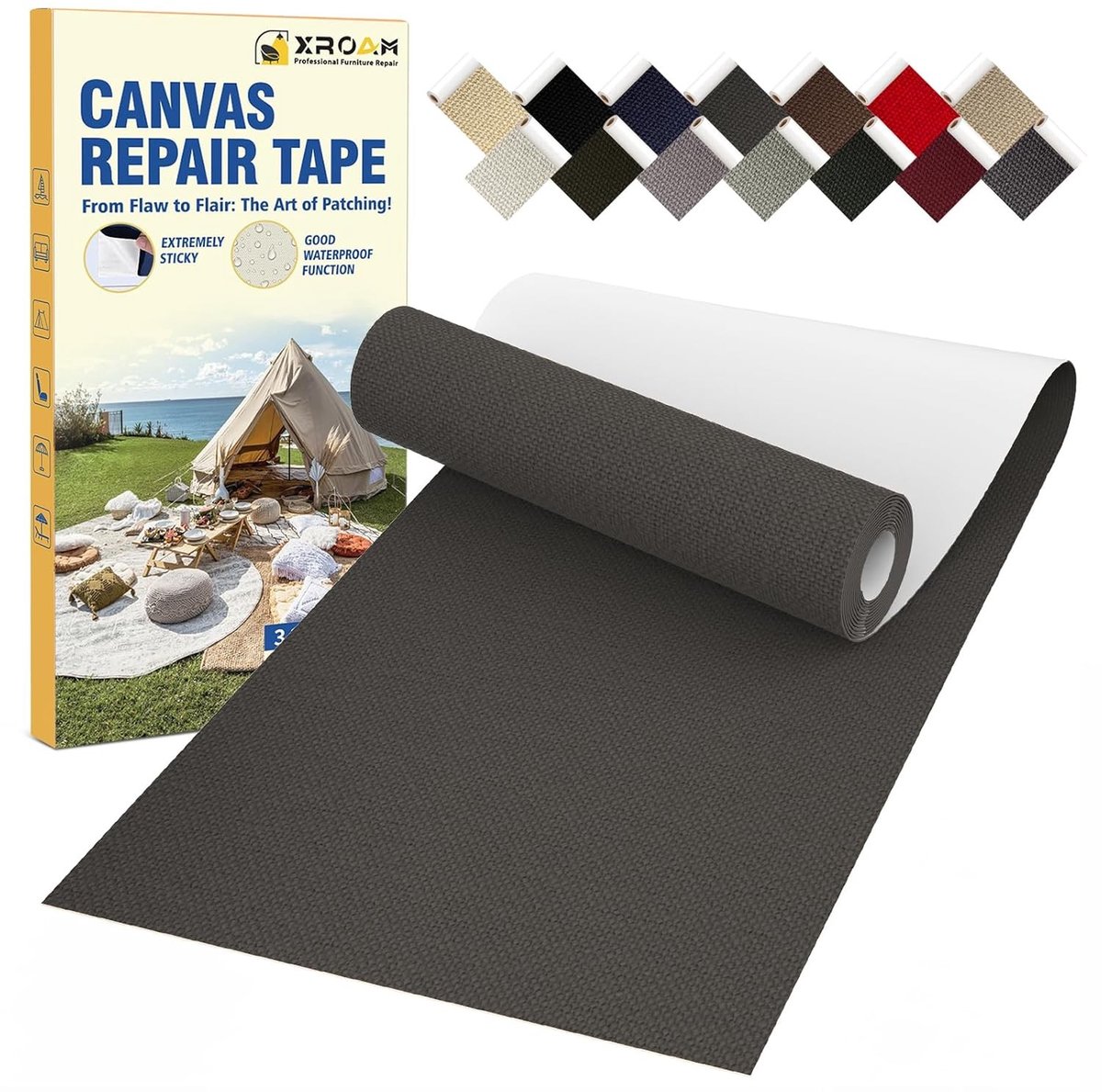 Reparatieset tentdoek - Zwart grijs - 8 x 160 cm - Zelfklevende waterdichte canvas patches - Voor outdoor gebruik