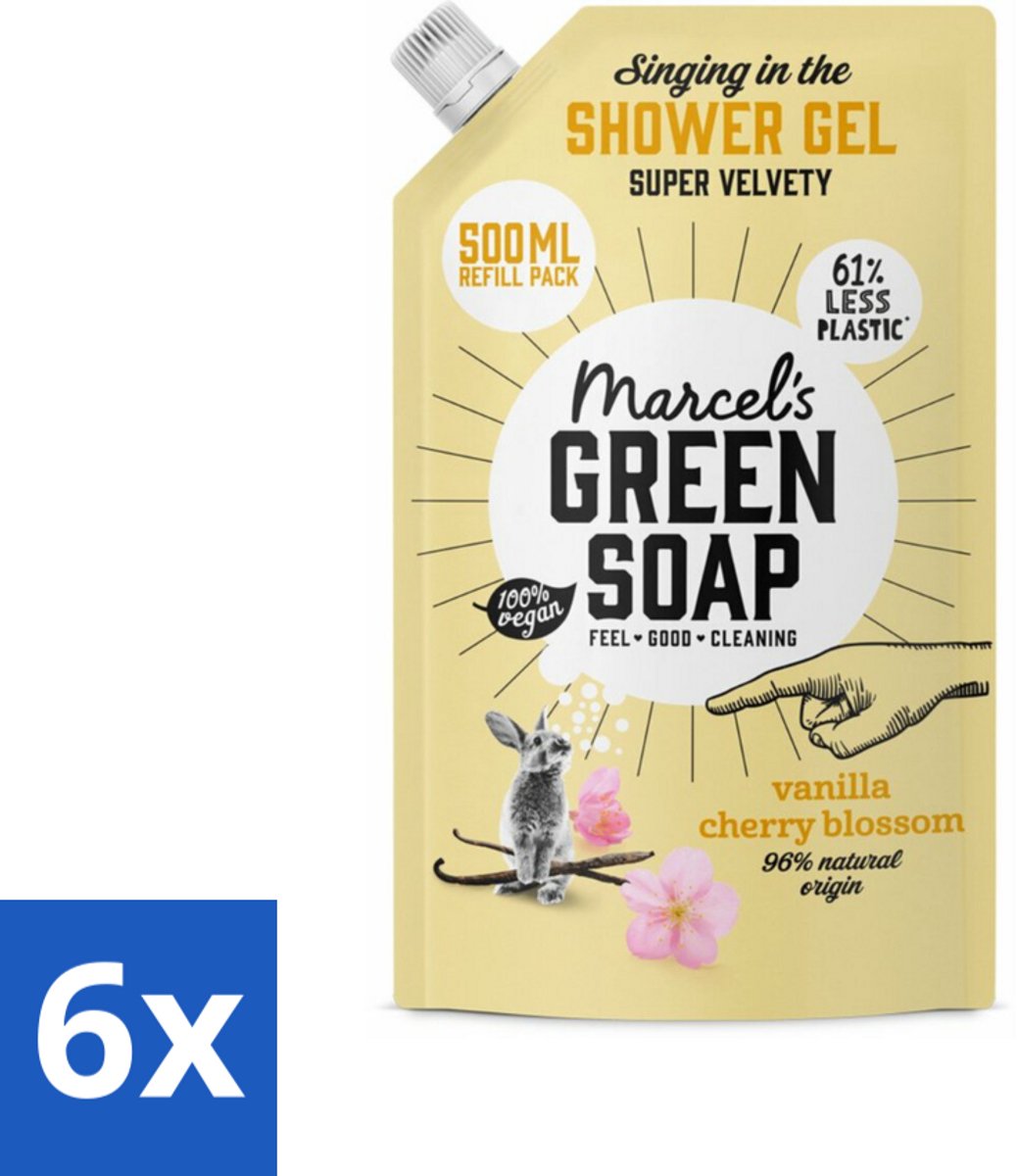 Marcel's Green Soap - Shower Gel - Navulling - Vanille & Kersenbloesem - Krachtige werking - 500 ml - Voordeelverpakking - 6 stuks