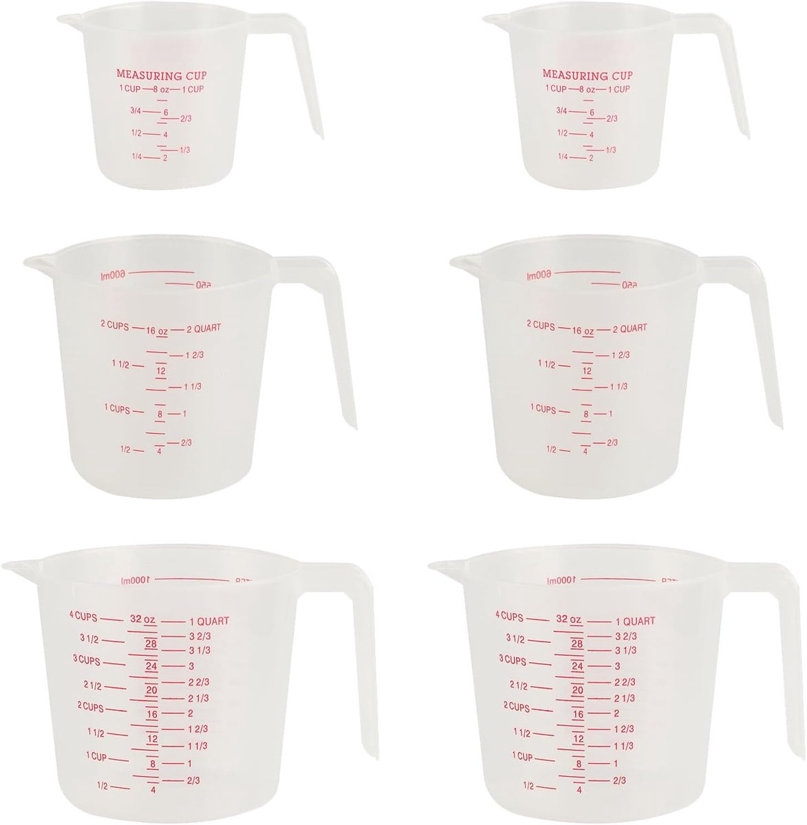 Set van 6 stapelbare maatbekers 250 ml, 500 ml, 1 l - kunststof - hittebestendig - ideaal voor keuken en laboratorium - ShopVlot