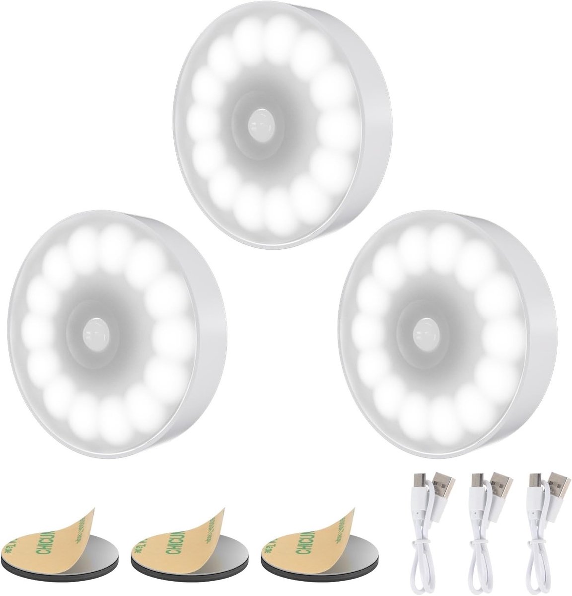 Sensor lampjes met bewegingsmelder - Wit - 3 Stuks - Oplaadbare LED Nachtlampjes voor Binnengebruik