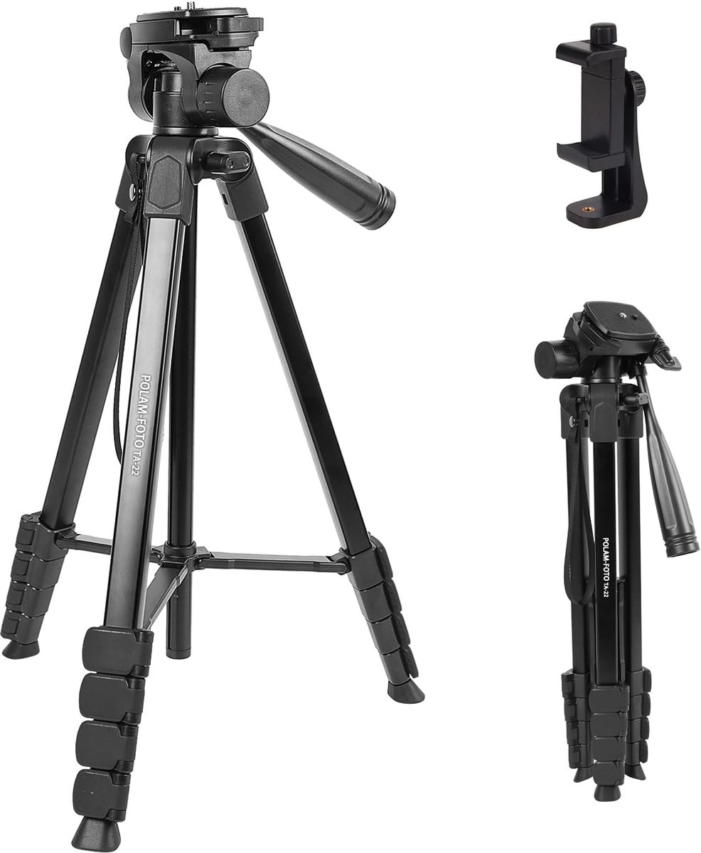 POLAM-FOTO 172 cm Lightweight Phone Tripod Aluminium Tripod with 3-Way Panorama Head and Mobile Phone Holder, Suitable - ShopVlot