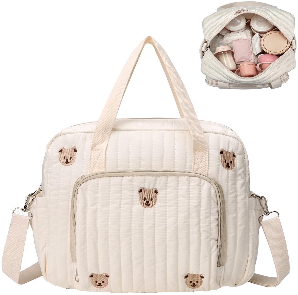 Luiertas groot - katoenen mama-tas met borduurwerk - schoudertas voor babyaccessoires - ideaal voor ziekenhuisbezoek - ShopVlot