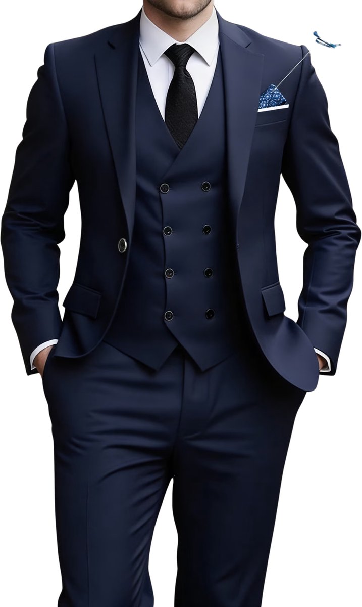 Currero 3 Delig Herenpak Met Overhemd Suit 2 Delig Tailored Fit Kostuum Business Pak Trouwpak Smoking Tuxedo Stijl Bruiloft Kantoor & Feest 1 Marineblauw