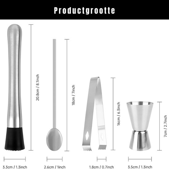 QUOVO® IJscrusher - Roestvrijstalen Cocktail Stamper met Cocktaillepel - Barman Set - Mojito Stamper - IJsvergruizer - Stamper - Shaker met Maatbeker - Bar Accessoires voor Keuken - Restaurant - Zilver - 22cm x 15cm x 4cm van Quovo — afbeelding 3